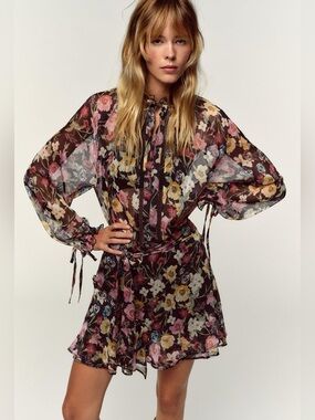 ZARA Semi-Sheer Floral Tie-Neck Mini Dress NWT